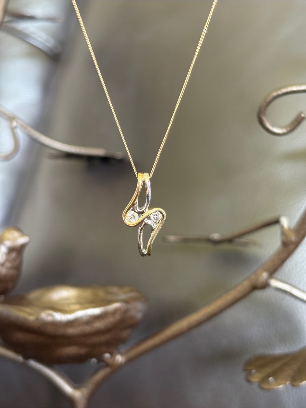 2 Fine Quality Diamonds, White & Yellow Gold Pendant Necklace.
Authentic w Box.